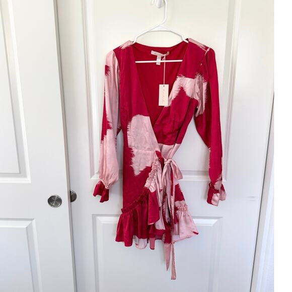 NWT Hutch Poet Sleeve Wrap Mini Dress Red Pink XS - Picture 3 of 8